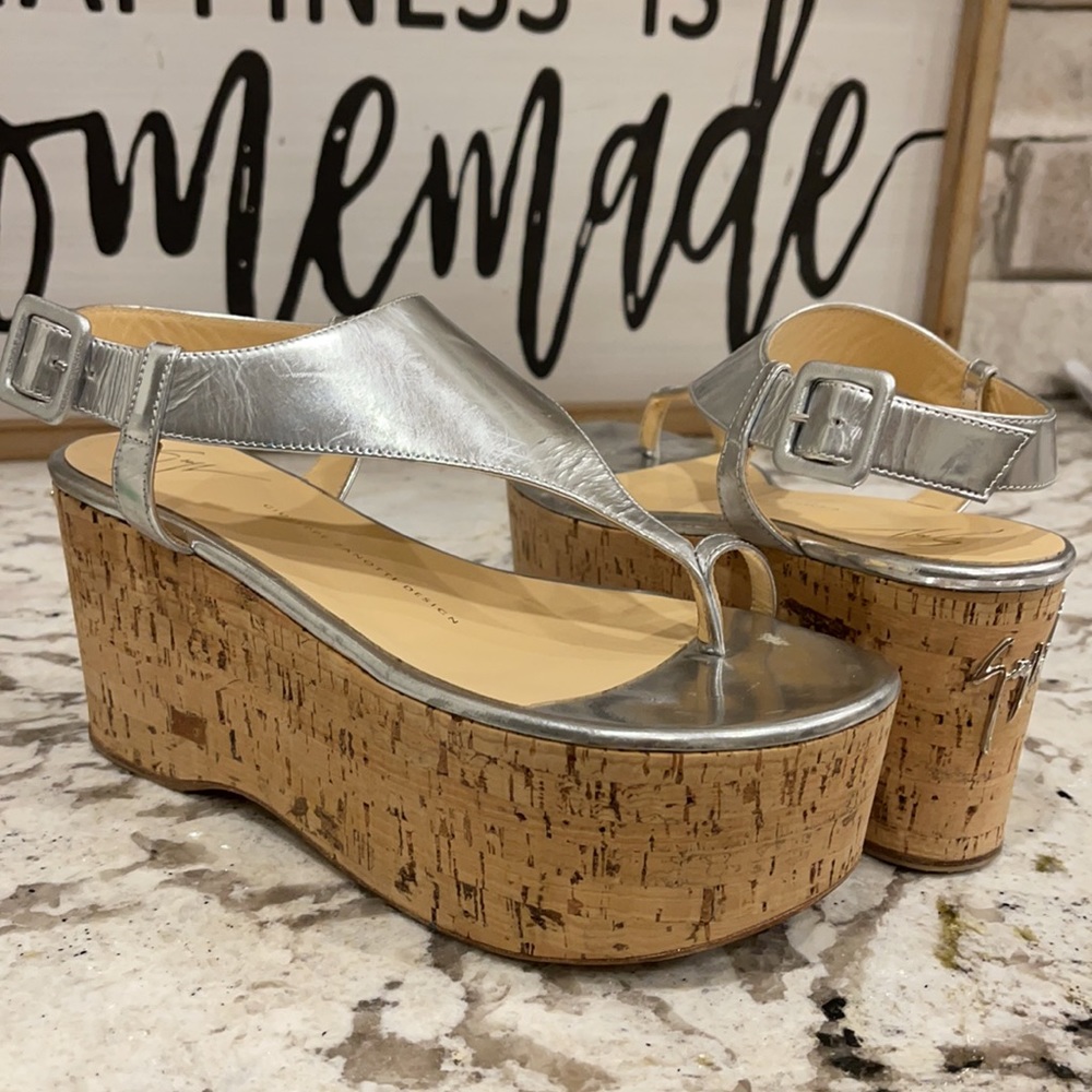 Giuseppe Zanotti Silver Metallic Cork Platform Sandals - Size 38 (US 8)